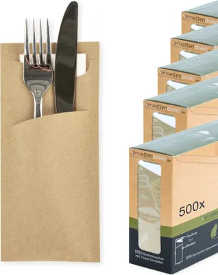 Produktbild von Bestecktasche Prime Fit in Recycling 85 x 190 mm, mit 2-lagiger Tissue-Serviette in Weiß - 500 Stück