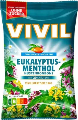 Produktbild von Vivil Eukalyptus Menthol Halsbonbons mit 20 Kräutern zuckerfrei 120g