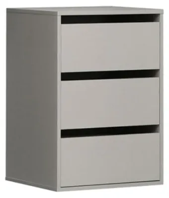 Schubladenblock grau schmal passend zu Kleiderschrank mit drei Schubladen, Gesamtansicht von vorne.