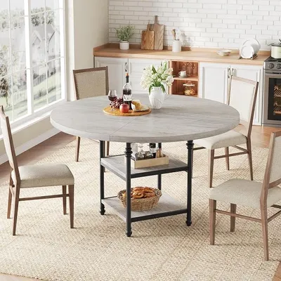 Obrázek produktu pro Kulatý jídelní stůl, kuchyňský stůl o průměru 120 cm, stůl s dřevěnou deskou a kovovou konstrukcí, jídelní stůl pro 4-6 osob, moderní rustikální designový stůl do jídelny nebo obývacího pokoje