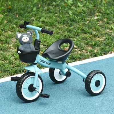 Image de Tricycle pour enfants de 2 à 5 ans, siège réglable en hauteur, panier, sonnette, cadre en métal, bleu | 70,5 x 53 x 58 cm | 4,6 kg | Roue avant de 10 pouces