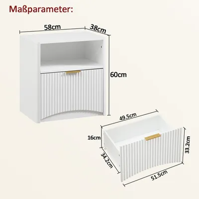 Produktbild von Nachttisch 58 x 38 x 60 cm mit Schublade, offener Ablage, Rillenoptik, goldenen Griffen, Weiß