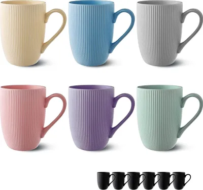 Produktbild von Cosumy Kaffeetassen 6er Set Modern Bunt Pastellfarben - Einzigartiges Streifenmuster - Matt Keramik - Mikrowellenfest - Spülmaschinenfest & Komfortabler Griff