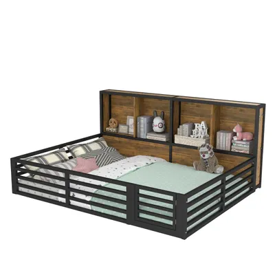 Produktbild von Merax Kinderbett 140x200 cm, mit Zäune, LED, Groß Ablagefächern, Bodenbett, Flachbett, Eisenbett, Jugendbett, Schwarz