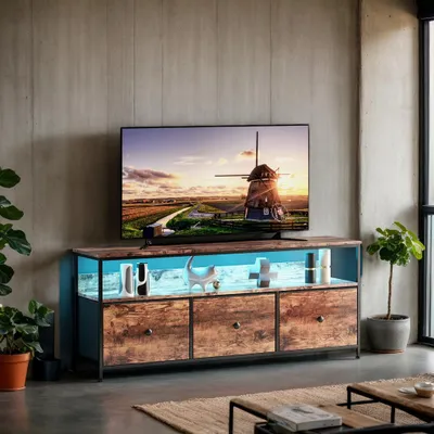 Obrázek produktu pro INONEFT Malá televizní skříňka s LED osvětlením, televizní stolek se 3 zásuvkami, televizní podstavec do obývacího pokoje, ložnice nebo chodby, rozměry 108x30x57 cm, barva hnědá