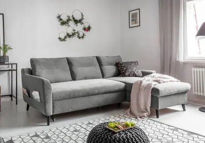 Produktbild von MIUFORM Stylish Stan Velours - Ecksofa mit Bettfunktion - 224x148cm - Grau - L-Form Rechts - Schlafsofa Couch