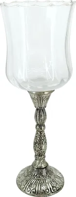 Produktbild von Glas Windlicht auf Metall Standfuß silber schwarz 10 x 29cm Kerzenständer Teelichtglas Kerzenhalter