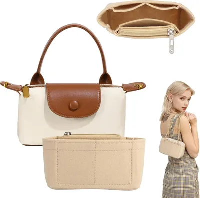 Image de JIANGZHIB Organiseur de sac à main, organiseur de portefeuille pour Longchamp, petit organiseur de sac à main beige, organiseur en feutre avec plusieurs compartiments pour format mini, sacs à main, organiseurs