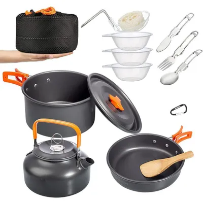 Obrázek produktu pro OVERMONT Sada kempingového nádobí, sada venkovního nádobí, sada hrnců na vaření, BBQ nádobí, piknikový hrnec s konvicí na kávu, konvice na čaj, hliník