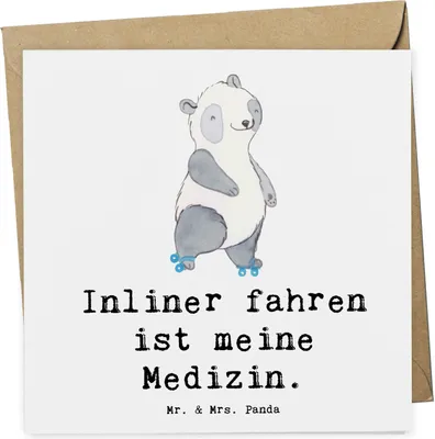 Produktbild von Mr. & Mrs. Panda Grußkarte Panda Inliner fahren - Weiß - Geschenk, Inlinern, doppelkarte, Rollschuh, anlasskarte, faltkarte, Glückwunschkarte, Klappkarte