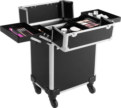 Immagine prodotto di Valigetta da trucco con ruote - Valigetta cosmetica mobile per parrucchieri - Realizzata in lega di alluminio e MDF - Multifunzionale - Riutilizzabile - Design moderno - Rettangolare - Nera