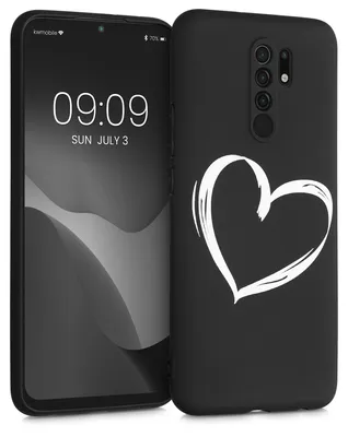 Produktbild von kwmobile Hülle kompatibel mit Xiaomi Redmi 9 - Handyhülle Silikon Case - Herz Brush Weiß Schwarz