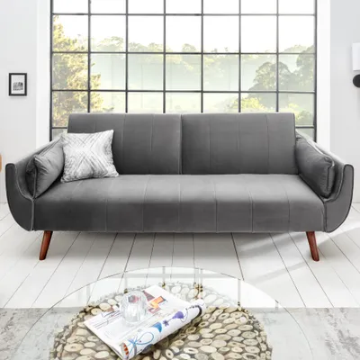 Produktbild von Retro Schlafsofa DIVANI 220cm silbergrau Samt 3er Sofa mit Bettfunktion Schlafcouch Schlaffunktion