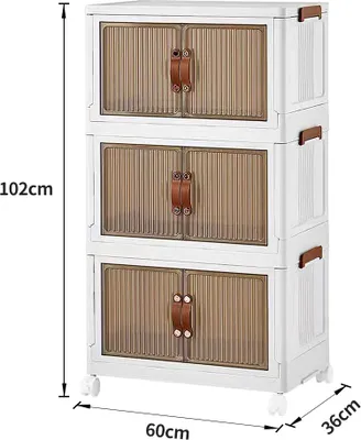 Image de Boîte de rangement pliable avec couvercle,3 niveaux de boîtes de rangement empilables,Boîtes empilables en plastique transparent avec porte & roulettes pour la cuisine,le bureau & la maison
