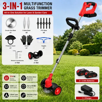 Produktbild von Akku-Rasentrimmer 21V mit 2 Batterie, Freischneider, Motorsense, mit Akku und Ladegerät, Teleskop-Stiel & Zusatzhandgriff