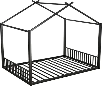 A black metal house-shaped bed frame with a slatted base and a slatted headboard and footboard, shown against a white background.