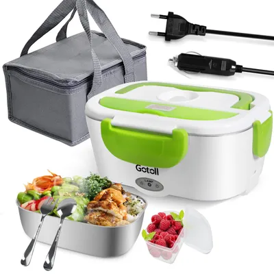 Produktbild von Gotoll Elektrische Lunchbox 1.95 l,   Elektrische Lunchbox 12 V/ 220 V für Auto und Büro, mit Messer und Gabel Lunchbag-Set,Edelstahl‑Innenbehälter
