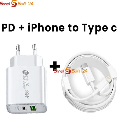 A white PD charger and a white USB-C to Lightning cable are shown on a white background, with text indicating they are for iPhone charging.