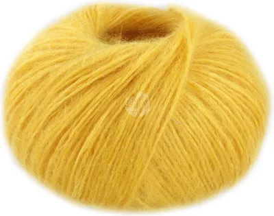 A ball of yellow yarn on a white background.