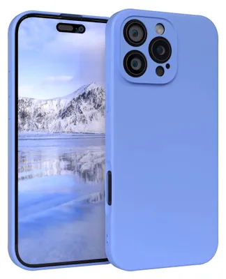 A blue phone case is shown next to a smartphone displaying a winter landscape.