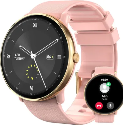 A pink smartwatch with a gold bezel is shown, with a smaller inset image of the same watch displaying a call screen.