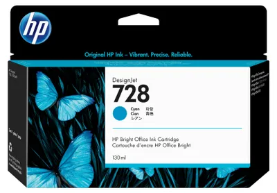 Produktbild von HP 728 Cyan DesignJet Druckerpatrone, 130 ml, HP DesignJet T730 Drucker, HP DesignJet T830 Multifunktionsdrucker, Thermal Inkjet, Cyan, F9J67A, Singapur, 202 mm