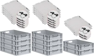 Produktbild von SuperSparSet 10x Eurobox NextGen Grip mit Scharnierdeckel und schwarzen Schiebeschnappverschlüssen | HxBxT 12x40x60cm | 23 Liter | Grau | Griffe offen | Glatter Boden | Eurobehälter, Transportbox, Transportbehälter, Stapelbehälter