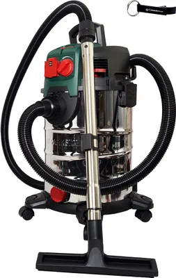 A wet/dry vacuum cleaner with a hose and floor nozzle, shown against a white background. A keychain is visible in the upper right corner.