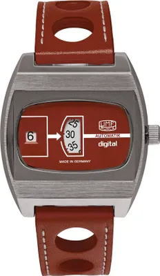 Produktbild von UMF Ruhla - Automatikuhr - Digitale Scheibenuhr in Rot „Jumping Hour“ - Herrenuhr im ikonischen Design - 1434-5