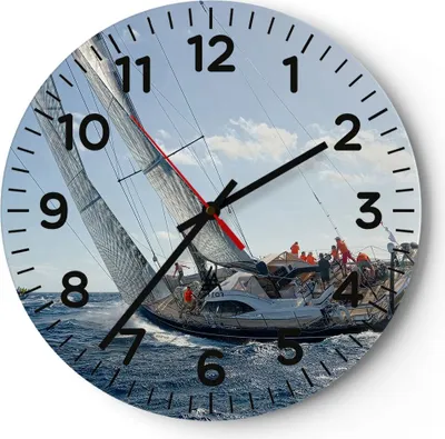 Produktbild von Wanduhr - Rund - Glasuhr - Segelschiff Meer - 40x40cm - Schleichendes Uhrwerk - Lautlos - zum Aufhängen bereit - Dekoration Modern - Wanddekoration aus Glas - C4AR40x40-4032