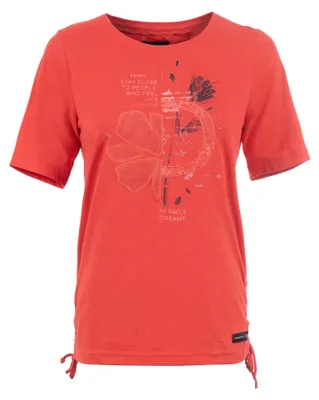 Produktbild von Longshirt mit Rundhalsausschnitt, Halbarm und femininem Frontprint mit Stickerei