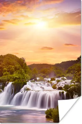 Produktbild von MuchoWow® Poster Wasserfall - Landschaft - Sonne - Wolken - Sonnenuntergang 120x180 cm - Kunstposter