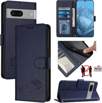 Produktbild von Leder Hülle für Google Pixel 7 Süße Katze Flip Case Brieftasche Schutzhülle mit Standfunktion Blau