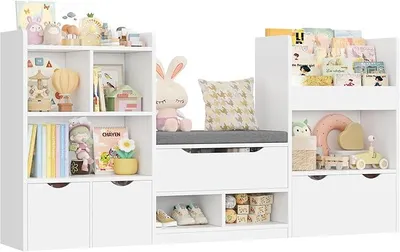 Imagen del producto de Estantería infantil de 183 cm de ancho con banco integrado, estantería para habitación infantil, color blanco