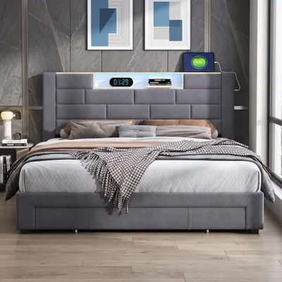 Produktbild von INONEFT Polsterbett 140x200cm mit Ladefunktion (USB&Typ-c), Jugendbett Doppelbett mit 3 Schubladen, Stauraumbett mit LED und Lattenrost, Samt, Grau