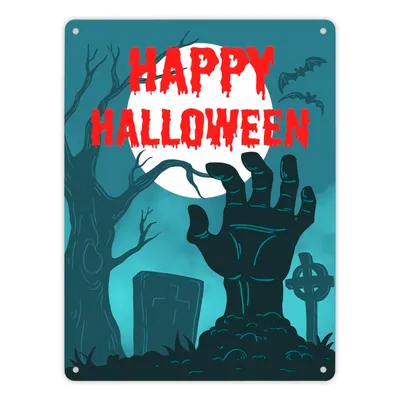 Produktbild von Happy Halloween Friedhof Metallschild XL in 21x28 cm mit Zombiehand
