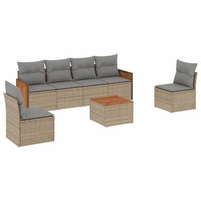 Produktbild von Modulares Garten-Sofaset, 7-teilig, mit Stauraum, wasserabweisendem Beutel, Poly Rattan Beige, Akazienholz-Tisch, Hellgraue Kissen