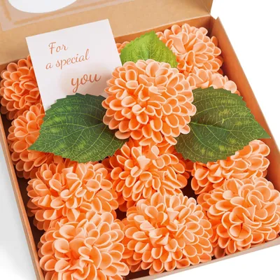 Produktbild von Künstliche Dahlien und Hortensien - 12 Stück Schaumblumen mit 6 Blättern und 25 cm Stängel - Dekoration für Blumenarrangements und Brautsträuße - Orange