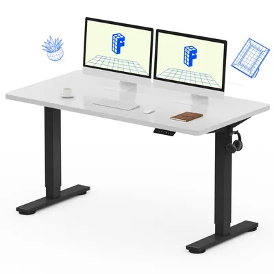A white height-adjustable desk with dual monitors, a keyboard, mouse, coffee cup, and a notebook.