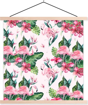 Produktbild von MuchoWow® Textilposter Flamingo - Blumen - Blätter - Muster 120x120 cm mit holzfarbenen Rahmen - Textil-Poster