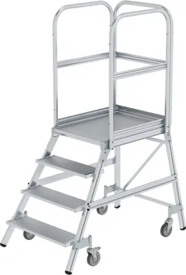 Produktbild von Podesttreppe einseitig begehbar mit Federrollen | Aluminium geriffelt | 4 Stufen | Rutschsichere Leiterschuhe