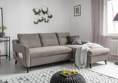 Image de MIUFORM Stylish Stan Velours - Canapé d'angle avec fonction lit - 224x148cm - Beige foncé - Forme en L à droite - Canapé-lit Canapé