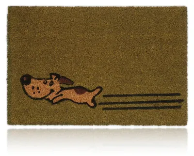Productafbeelding van Relaxdays deurmat van kokosvezel, 40x60 cm, vuilvanger met hondenmotief, geschikt voor binnen en buiten, voetmat voor de voordeur, groen, AI-gegenereerde afbeelding