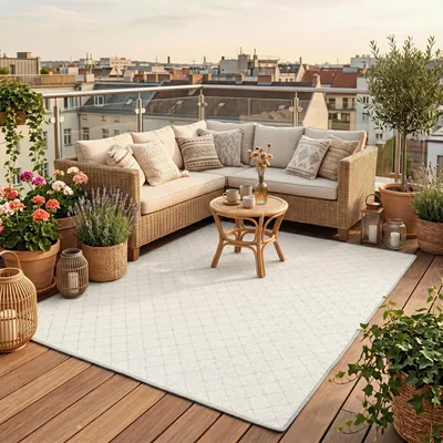 Produktbild von In & Outdoor Teppich Flachgewebe Oslo Hellgrau Karo Modern, Größe:100x400 cm