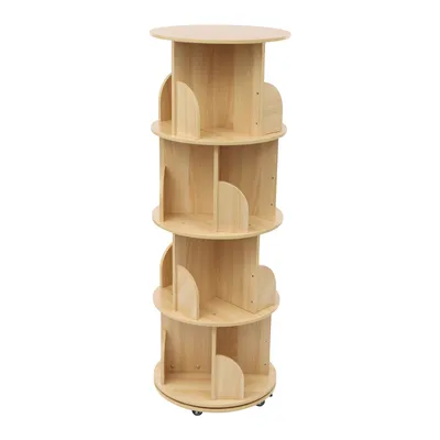 A light wood rotating bookshelf with four tiers.