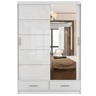 Produktbild von Schwebetürenschrank Kleiderschrank 150 cm Weiß/Weiß semigloss mit Spiegel Florence