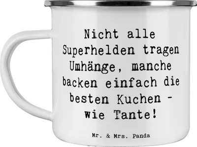 Produktbild von Mr. & Mrs. Panda Emaille Tasse Spruch Super Tante - Weiß - Geschenk, Blechtasse, Motivtasse, Pott, Jubiläen, Kuchen, Teetasse, Neffe, Becher, Superheld, Geschenke, Nichte