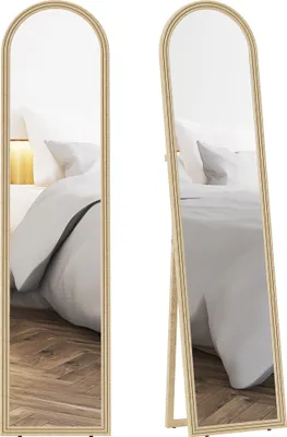 Image de HOMCOM Miroir de sol arqué pleine longueur 40 x 160 cm - miroir sur pied avec cadre en effet imitation pierre, montage au sol, suspendu ou appuyé contre le mur, pour salon, chambre, beige