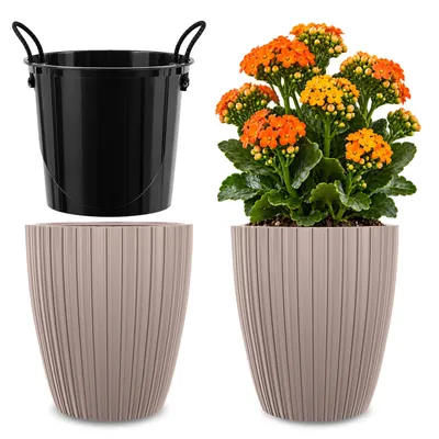 Immagine prodotto di KADAX Coprivaso Ø 24 cm con inserto interno, vaso rotondo, vaso da fiori in plastica, vaso per interni ed esterni, coprivaso (beige)