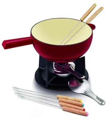 Fondue-Set aus Gusseisen, 2 l, rot, für 6 Personen, inkl. Gabeln & Brenner
